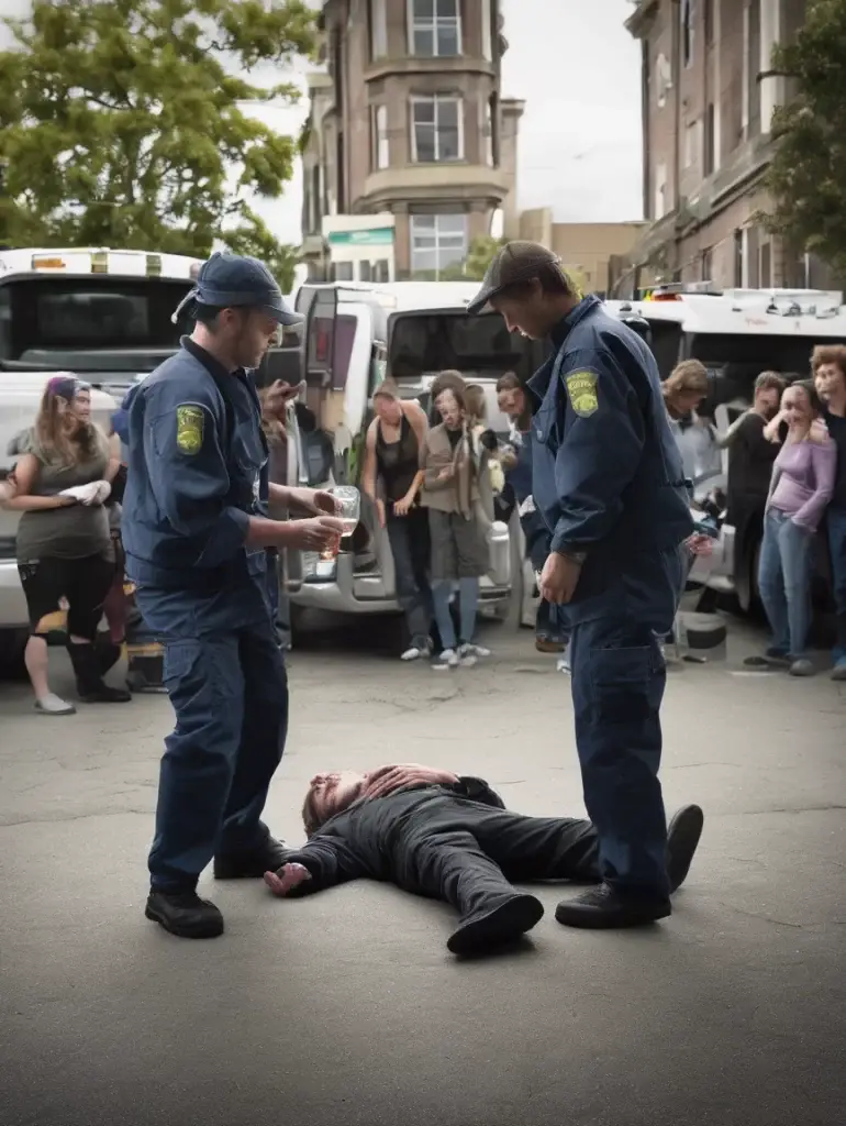 a group of police officers standing around a man lying on the ground
