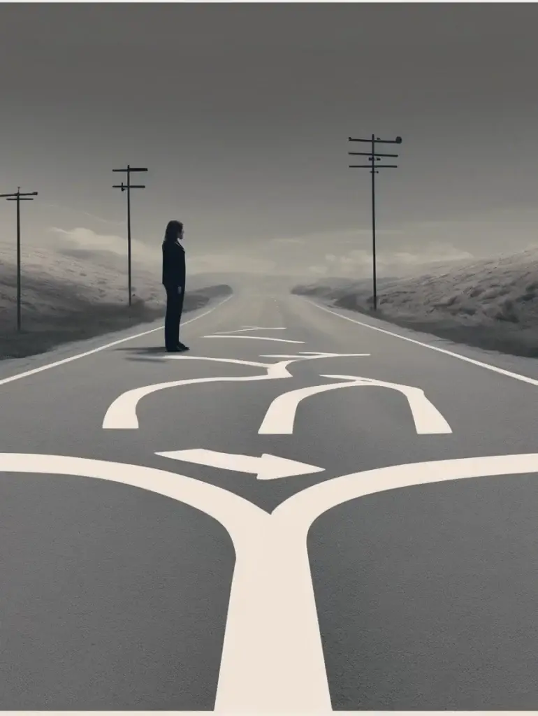 a woman standing on a road with arrows on the road
