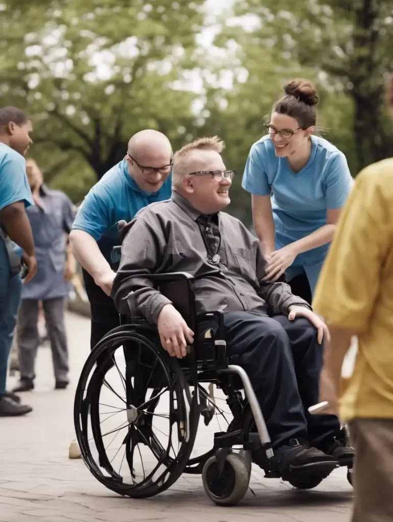 a group of people around a man in a wheelchair