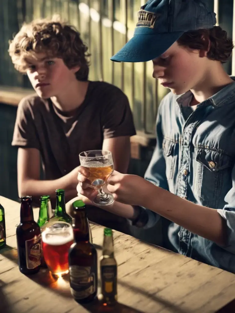 a group of boys sitting at a table with bottles and a glass of beer