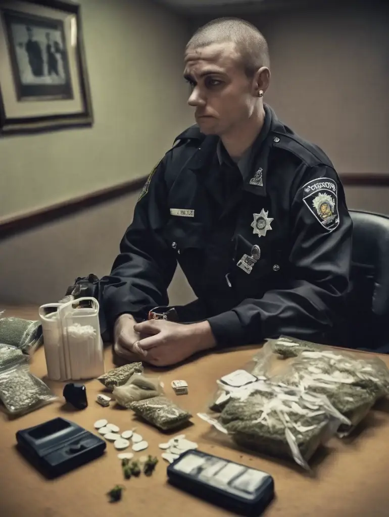 a police officer sitting at a table with bags of marijuana