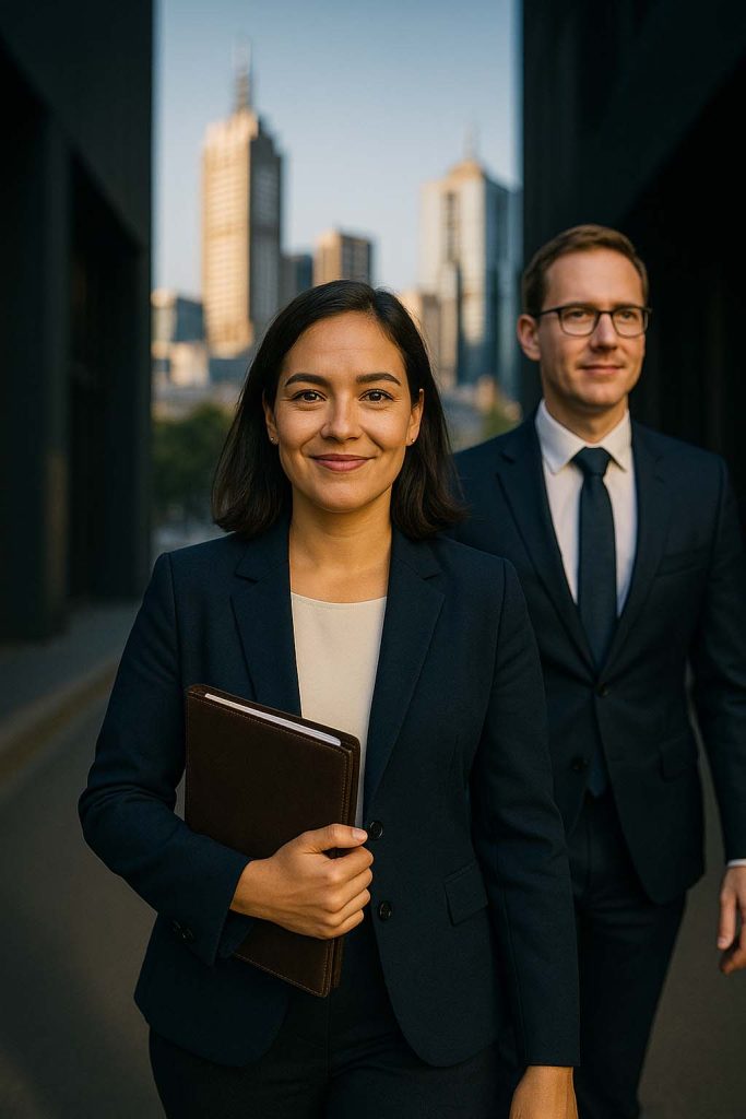 Female business lawyer in a navy suit walking through Melbourne’s CBD with a colleague, illustrating Pentana Stanton Lawyers’ guide to Victoria business compliance.
