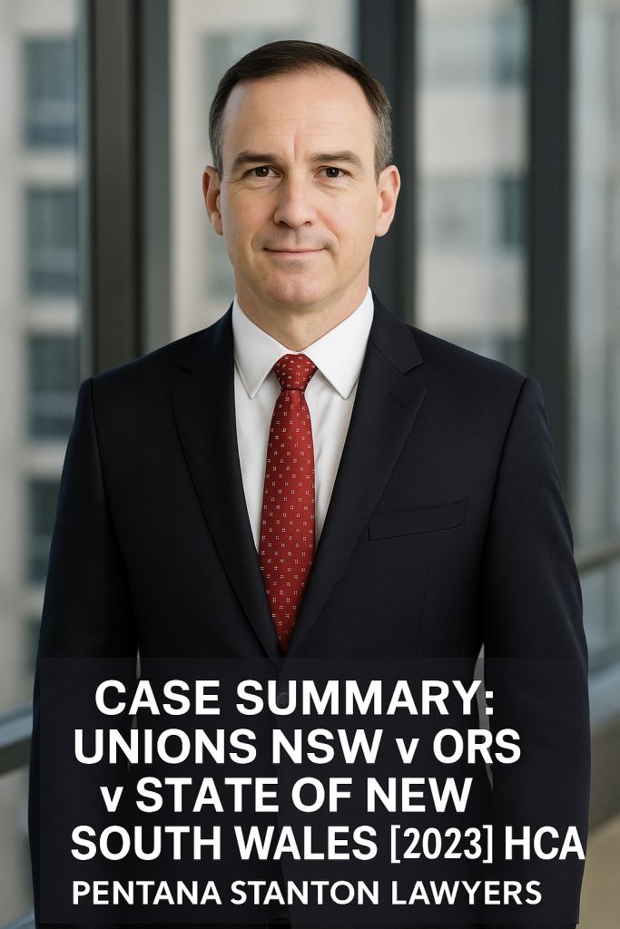 Professional lawyer in a corporate office setting representing Pentana Stanton Lawyers, accompanying the High Court case summary of Unions NSW v State of NSW [2023] HCA 4, which examined electoral expenditure caps and freedom of political communication in Australia.