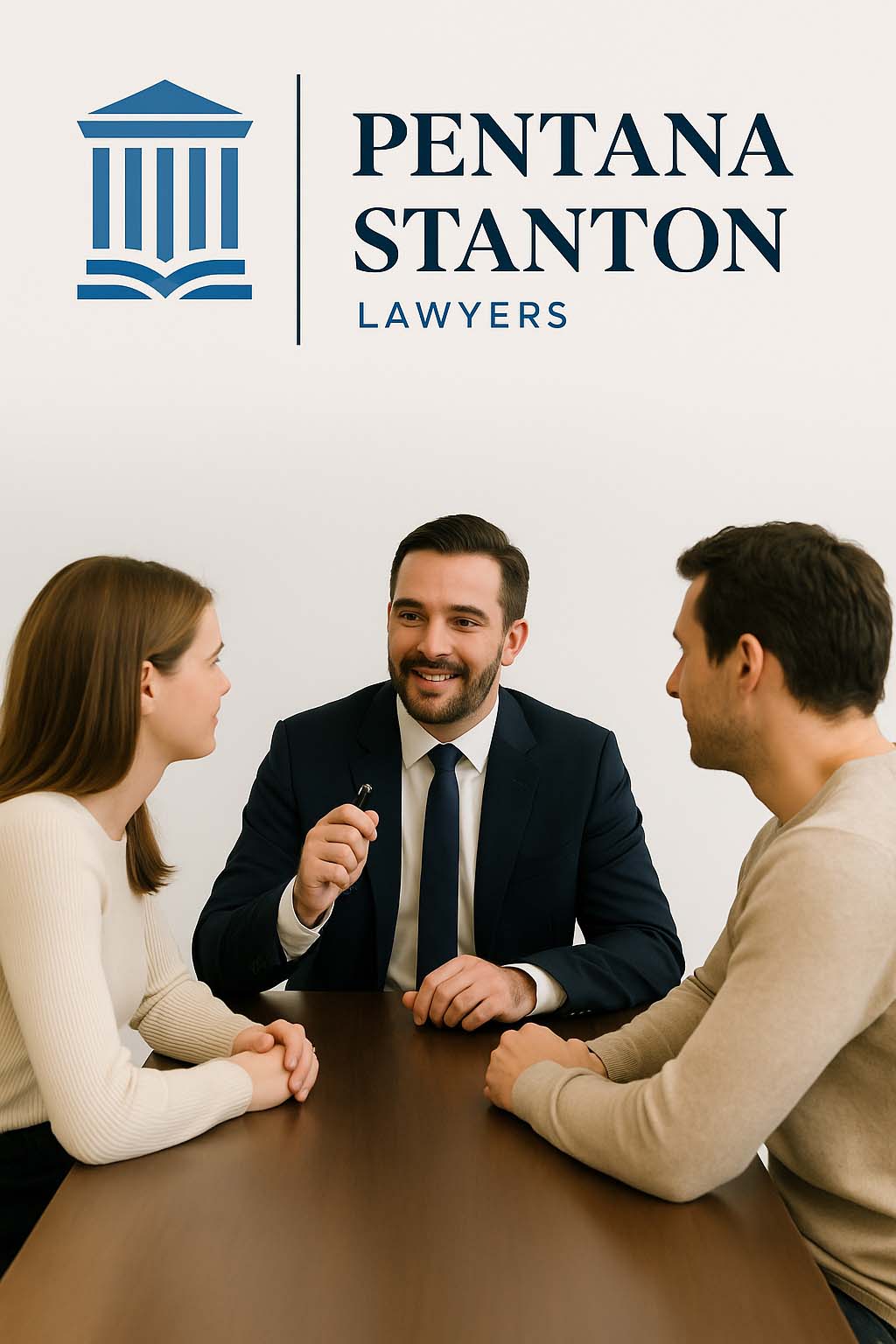 A conveyancing lawyer from Pentana Stanton Lawyers advises a couple during a property consultation in a professional Melbourne office.