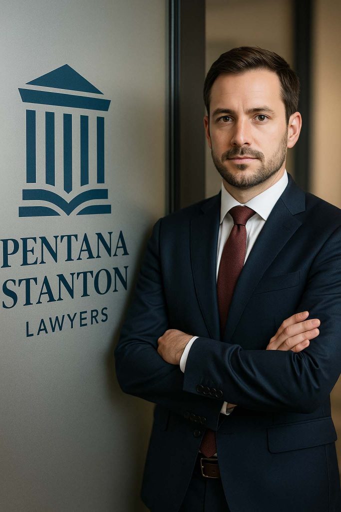 Lawyer standing beside frosted office door with Pentana Stanton Lawyers logo, symbolising PPSR vs caveat legal strategy.