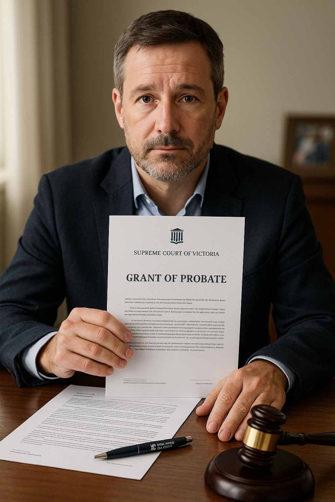 Middle-aged probate lawyer holding Grant of Probate document at desk with Pentana Stanton branding
