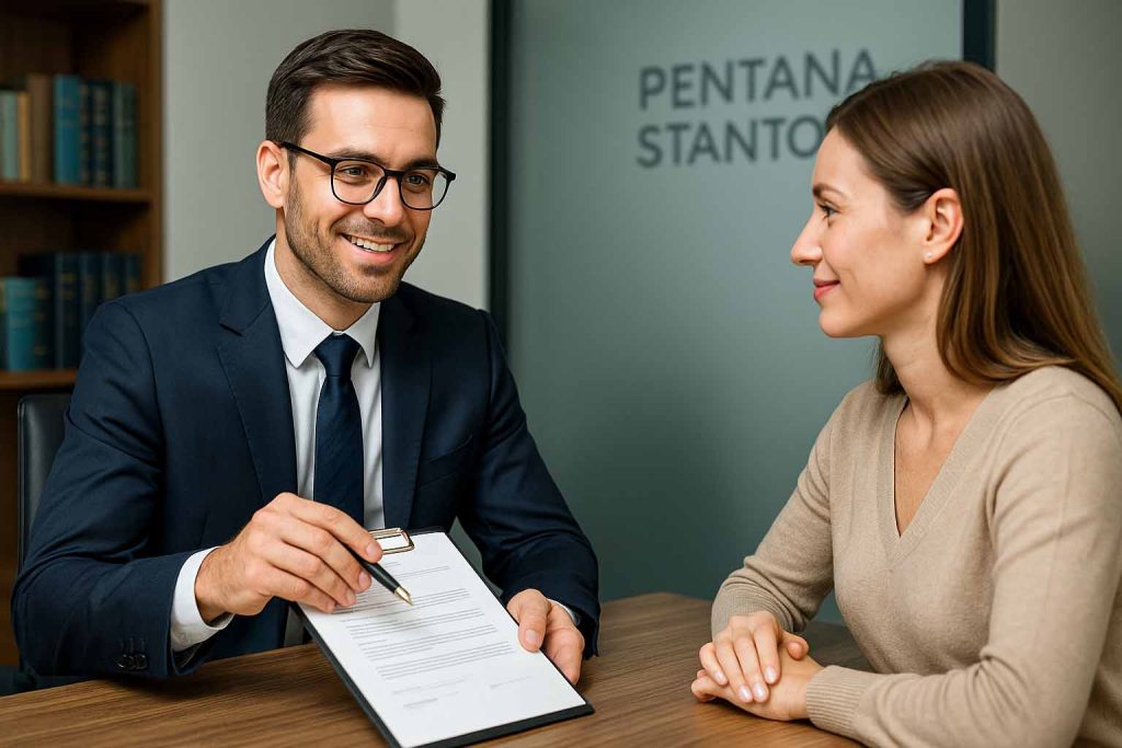 A property lawyer in Melbourne discussing legal documents with a client in a professional office setting
